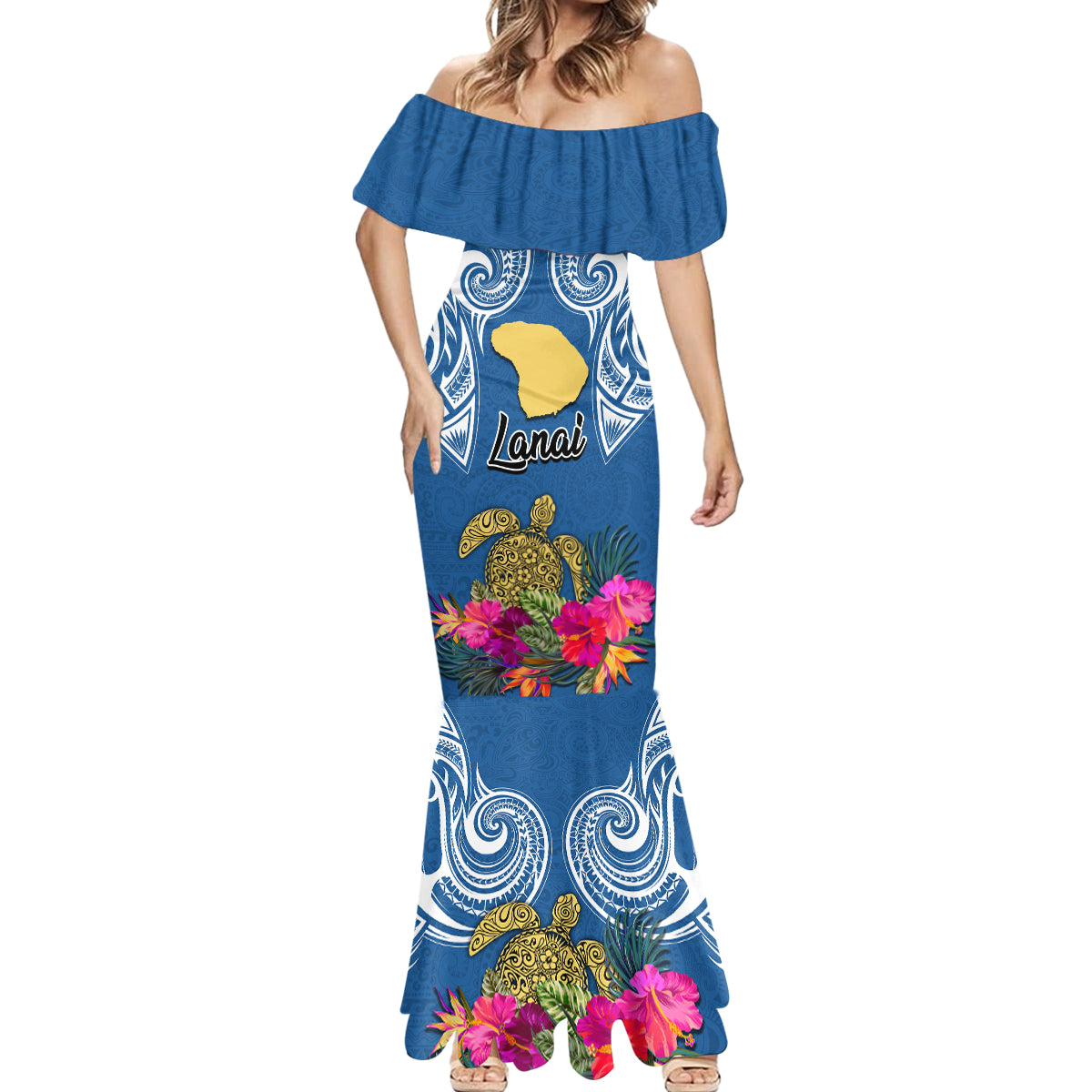 Custom Hawaii Lanai Island Mermaid Dress Hibiscus Turle and Map with Polynesian Spiral LT03 - Polynesian Pride