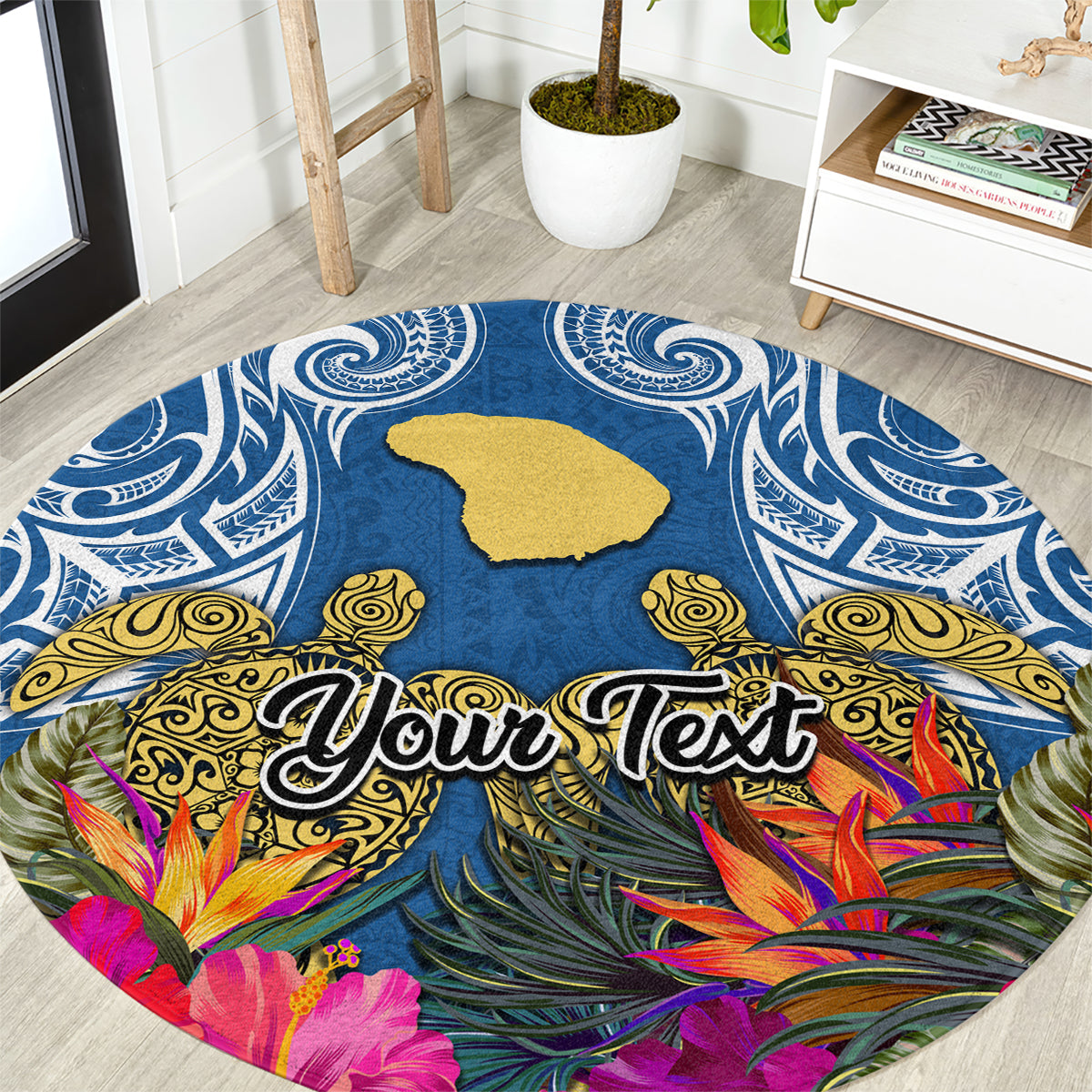 Custom Hawaii Lanai Island Round Carpet Hibiscus Turle and Map with Polynesian Spiral LT03 Blue - Polynesian Pride