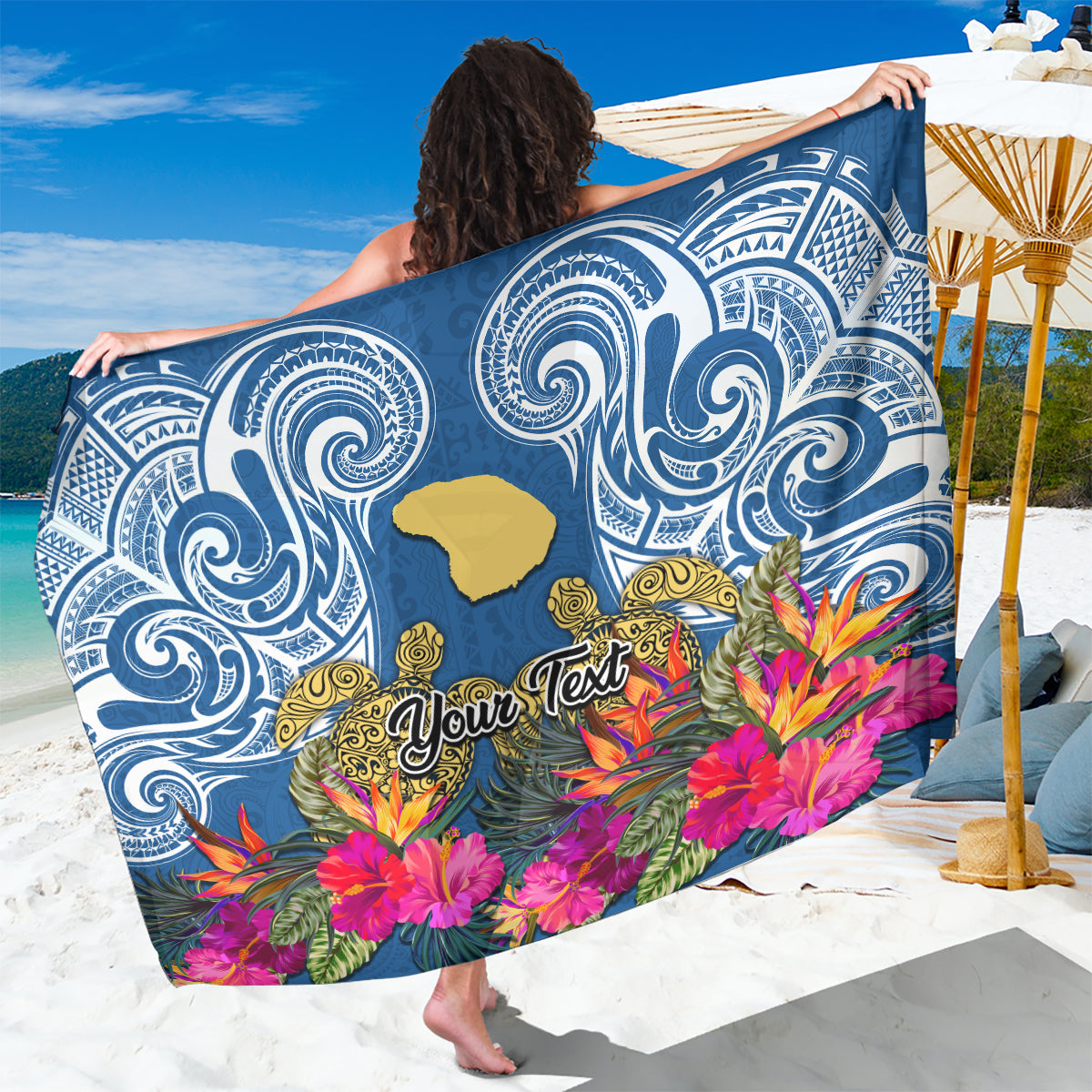 Custom Hawaii Lanai Island Sarong Hibiscus Turle and Map with Polynesian Spiral LT03 One Size 44 x 66 inches Blue - Polynesian Pride