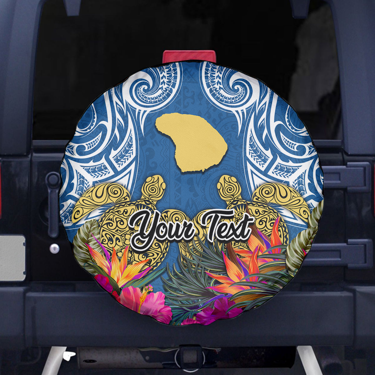 Custom Hawaii Lanai Island Spare Tire Cover Hibiscus Turle and Map with Polynesian Spiral LT03 Blue - Polynesian Pride