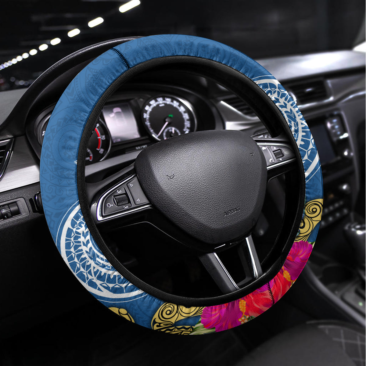 Custom Hawaii Lanai Island Steering Wheel Cover Hibiscus Turle and Map with Polynesian Spiral