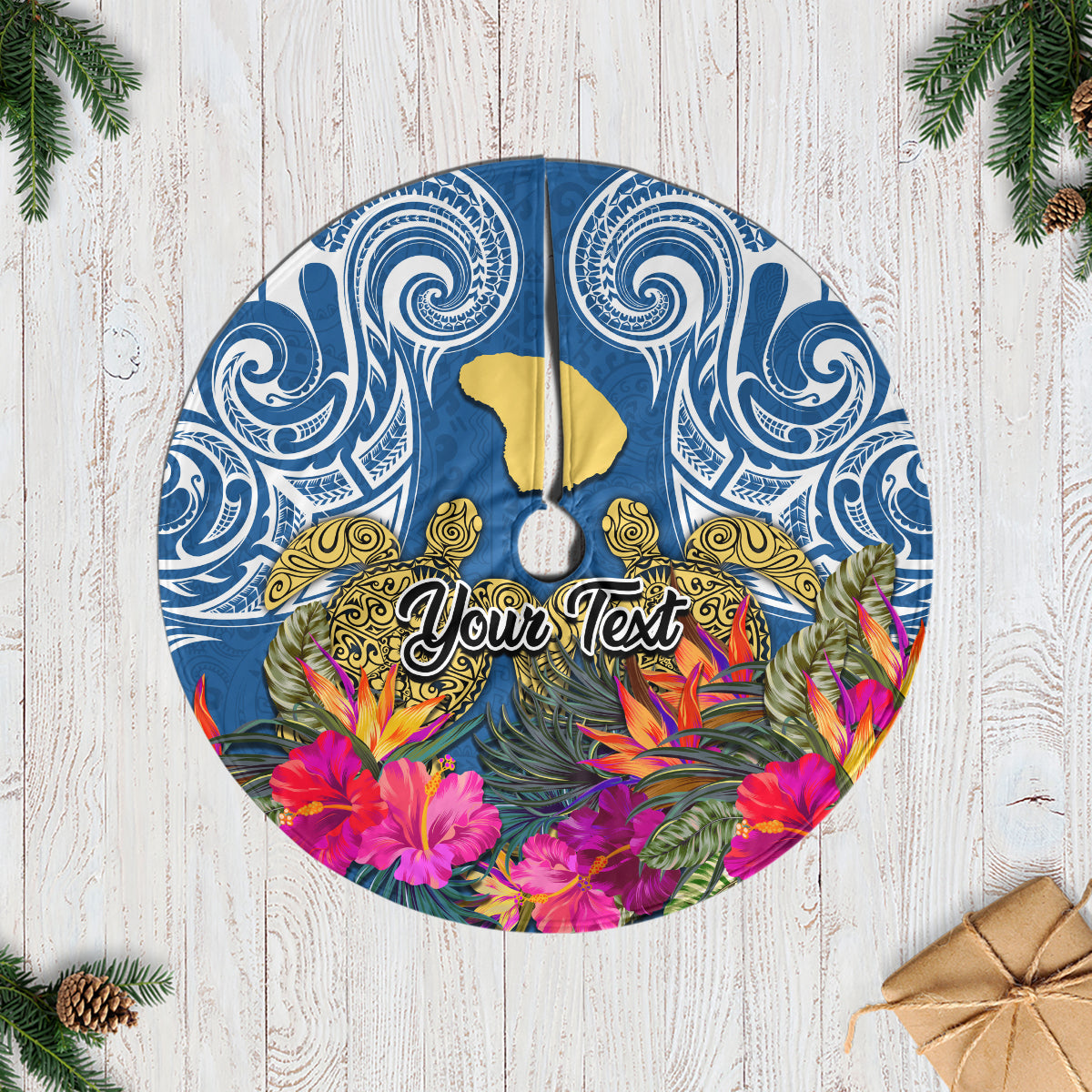 Custom Hawaii Lanai Island Tree Skirt Hibiscus Turle and Map with Polynesian Spiral LT03 Blue - Polynesian Pride