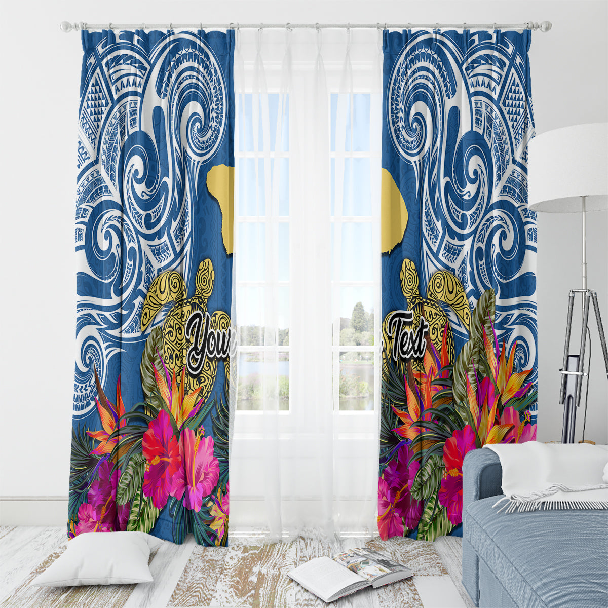Custom Hawaii Lanai Island Window Curtain Hibiscus Turle and Map with Polynesian Spiral LT03 - Polynesian Pride
