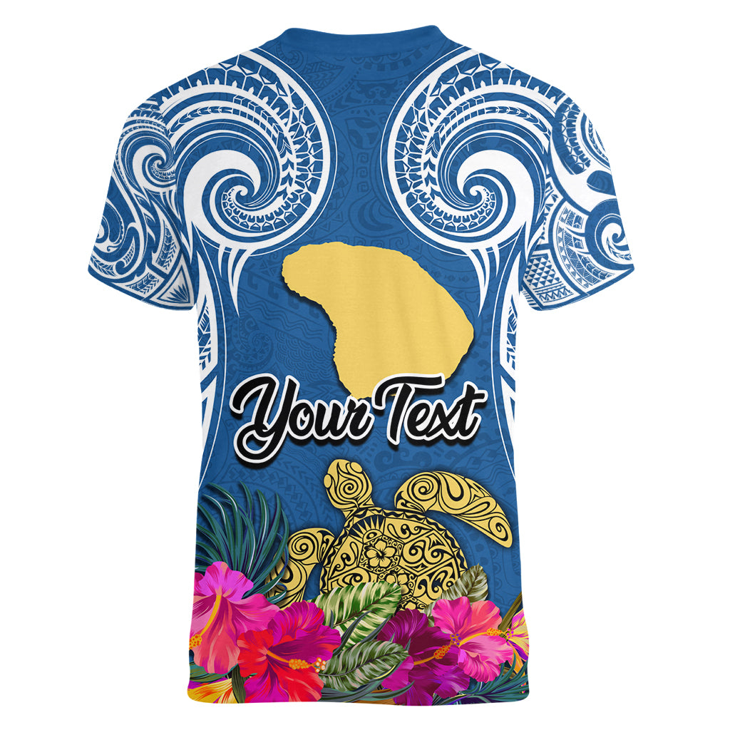 Custom Hawaii Lanai Island Women V Neck T Shirt Hibiscus Turle and Map with Polynesian Spiral LT03 - Polynesian Pride