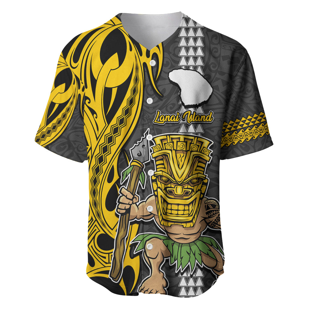 Hawaii Lanai Island Baseball Jersey Hawaiian Warrior and Kakau Symbols Abstract Tattoo LT03 Yellow - Polynesian Pride