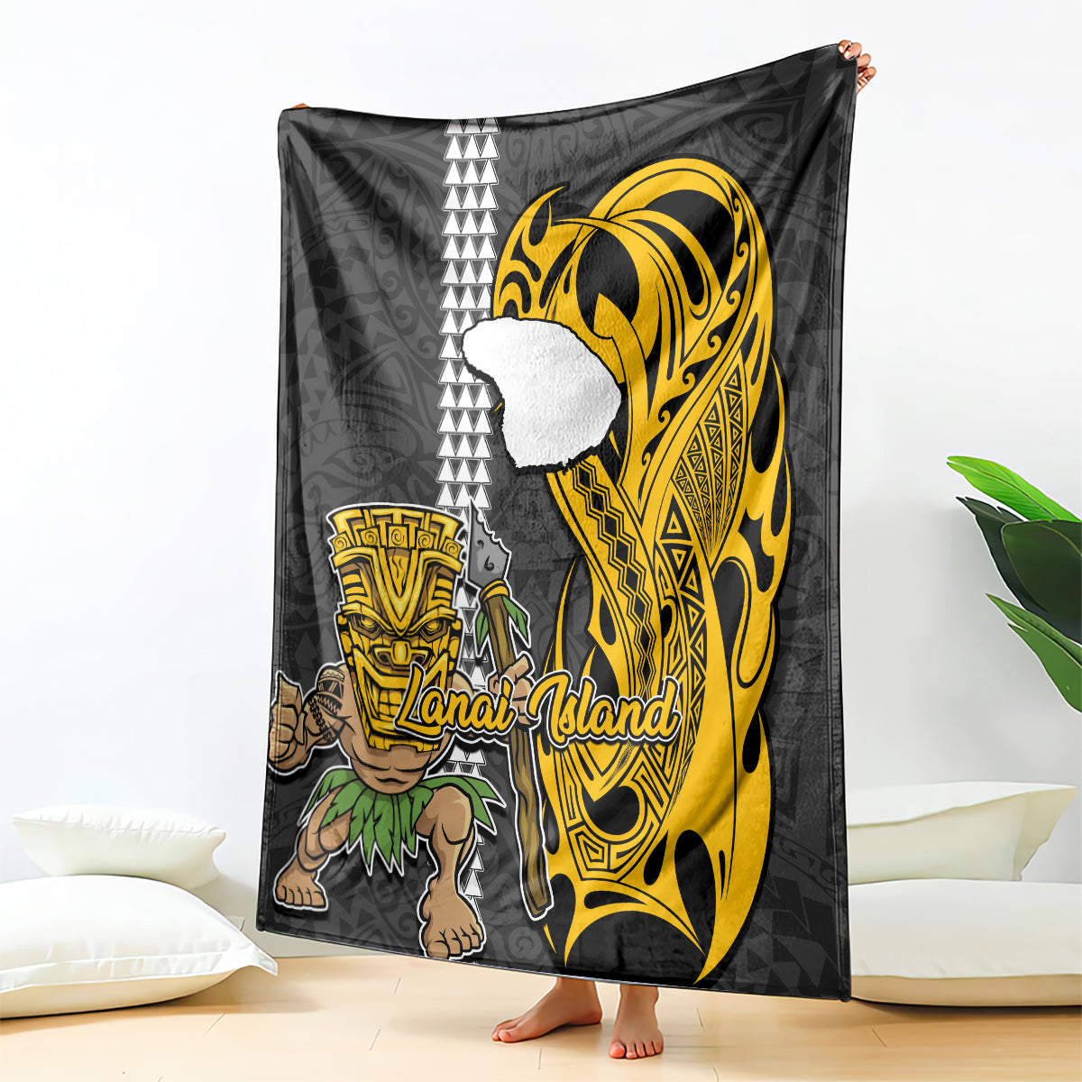 Hawaii Lanai Island Blanket Hawaiian Warrior and Kakau Symbols Abstract Tattoo LT03 Yellow - Polynesian Pride