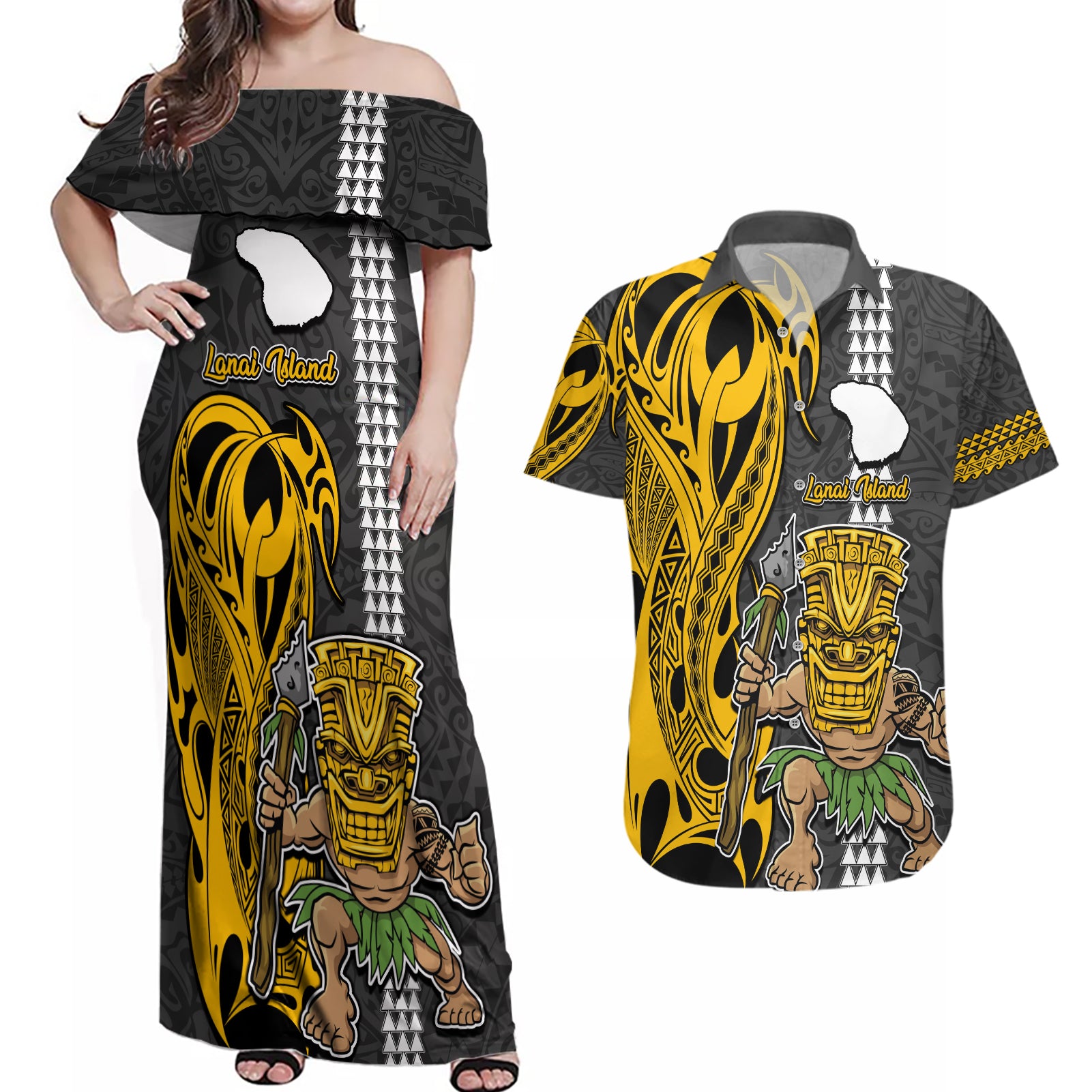 Hawaii Lanai Island Couples Matching Off Shoulder Maxi Dress and Hawaiian Shirt Hawaiian Warrior and Kakau Symbols Abstract Tattoo LT03 Yellow - Polynesian Pride