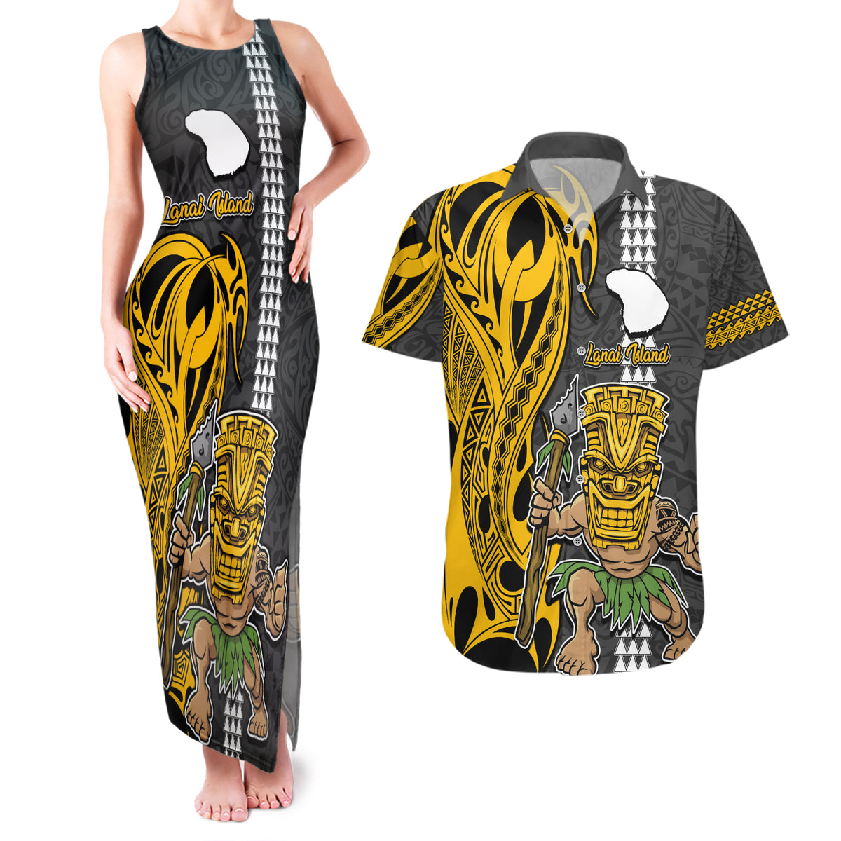 Hawaii Lanai Island Couples Matching Tank Maxi Dress and Hawaiian Shirt Hawaiian Warrior and Kakau Symbols Abstract Tattoo LT03 Yellow - Polynesian Pride