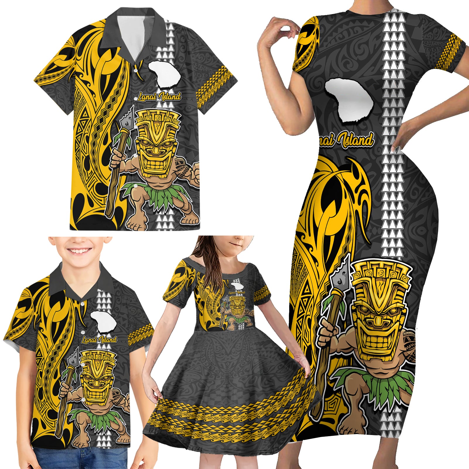 Hawaii Lanai Island Family Matching Short Sleeve Bodycon Dress and Hawaiian Shirt Hawaiian Warrior and Kakau Symbols Abstract Tattoo LT03 - Polynesian Pride