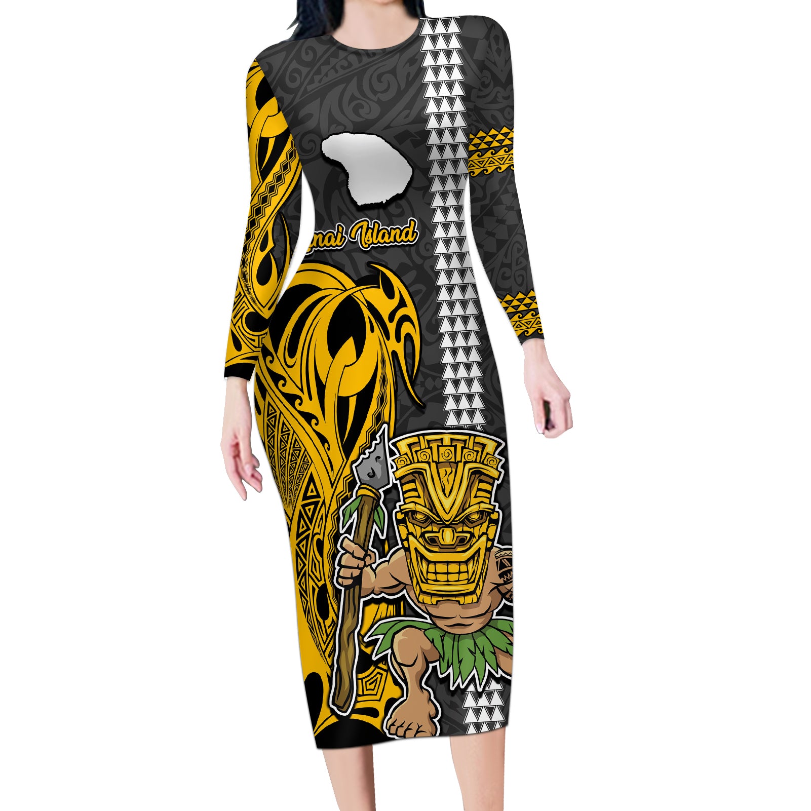 Hawaii Lanai Island Long Sleeve Bodycon Dress Hawaiian Warrior and Kakau Symbols Abstract Tattoo LT03 Long Dress Yellow - Polynesian Pride