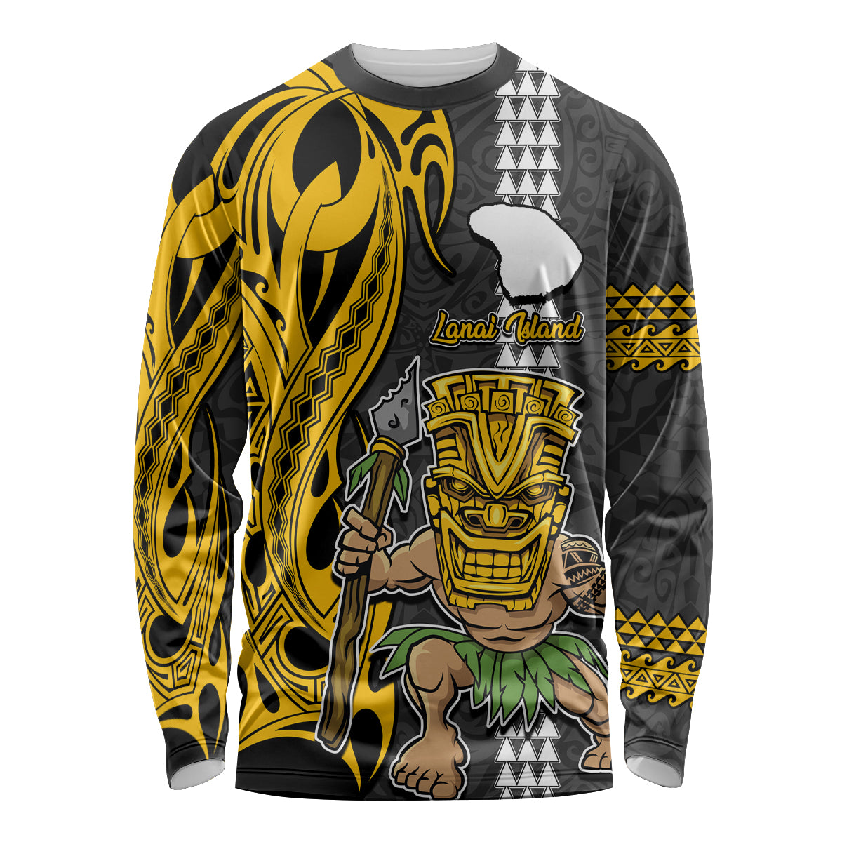 Hawaii Lanai Island Long Sleeve Shirt Hawaiian Warrior and Kakau Symbols Abstract Tattoo LT03 Unisex Yellow - Polynesian Pride