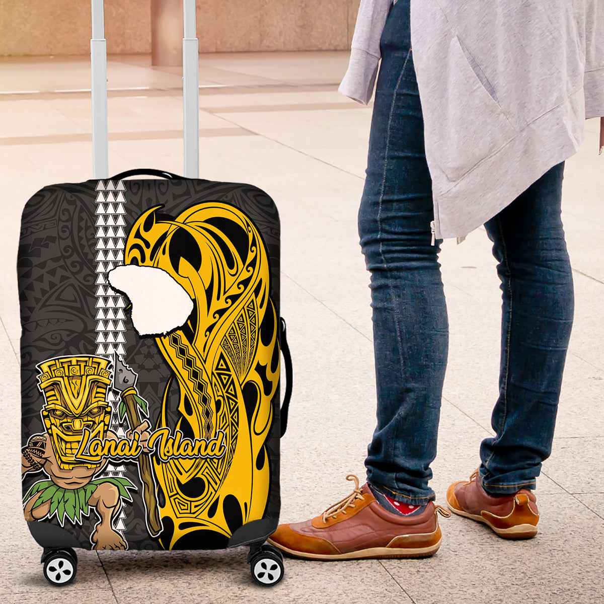 Hawaii Lanai Island Luggage Cover Hawaiian Warrior and Kakau Symbols Abstract Tattoo LT03 Yellow - Polynesian Pride