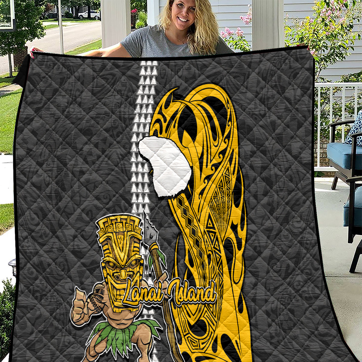 Hawaii Lanai Island Quilt Hawaiian Warrior and Kakau Symbols Abstract Tattoo LT03 Yellow - Polynesian Pride