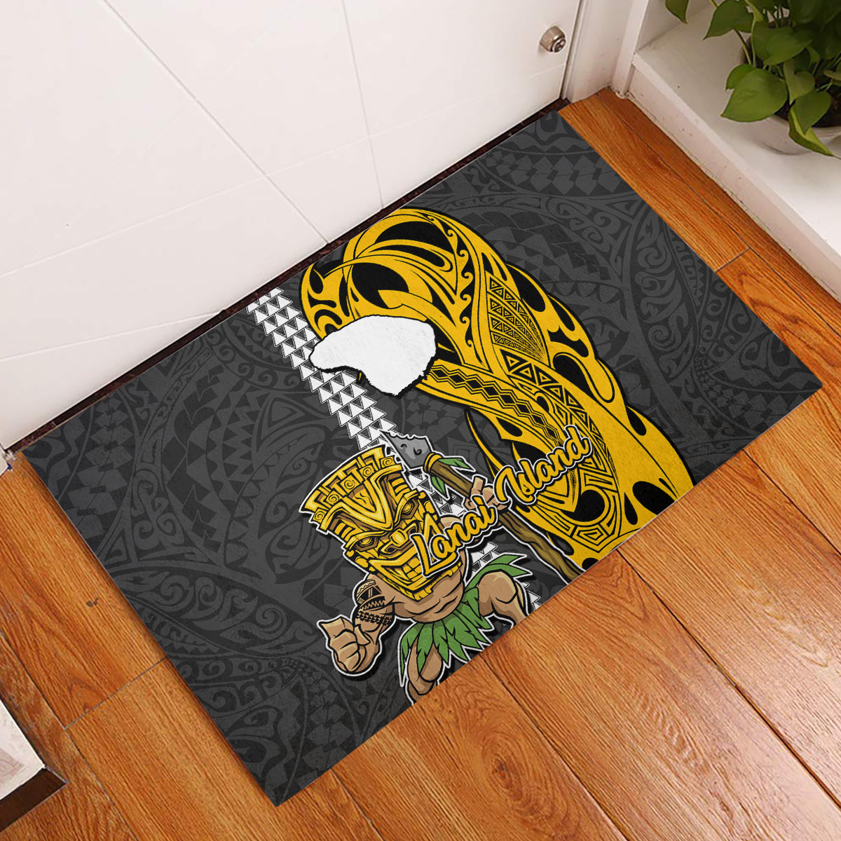 Hawaii Lanai Island Rubber Doormat Hawaiian Warrior and Kakau Symbols Abstract Tattoo LT03 Yellow - Polynesian Pride