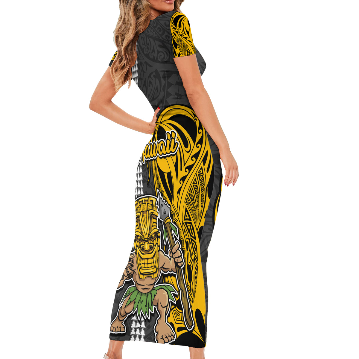 Hawaii Lanai Island Short Sleeve Bodycon Dress Hawaiian Warrior and Kakau Symbols Abstract Tattoo LT03 - Polynesian Pride