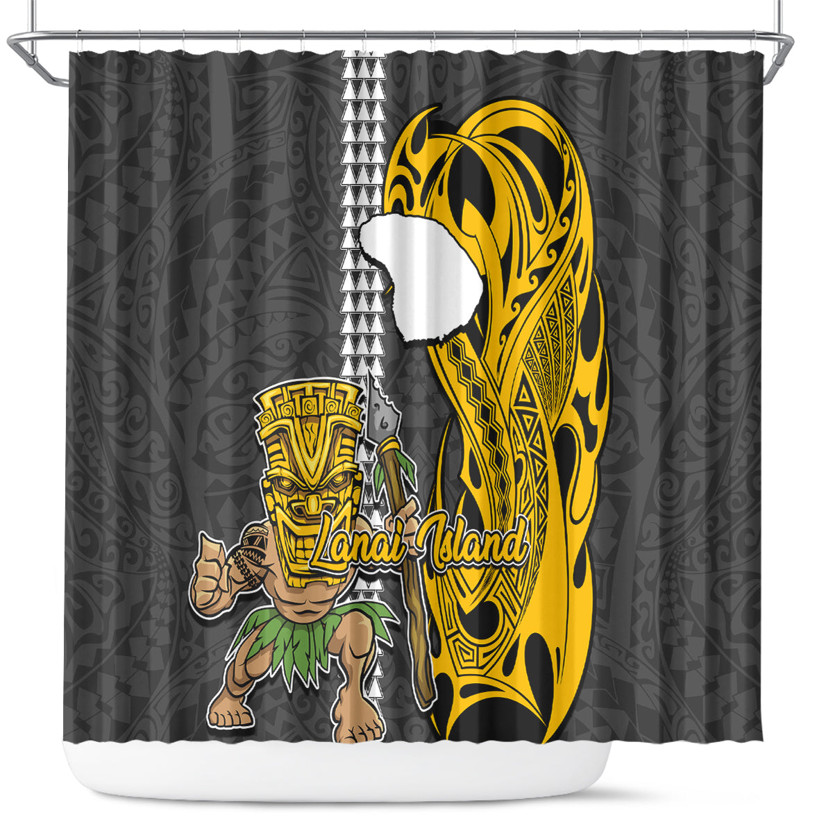 Hawaii Lanai Island Shower Curtain Hawaiian Warrior and Kakau Symbols Abstract Tattoo LT03 Yellow - Polynesian Pride