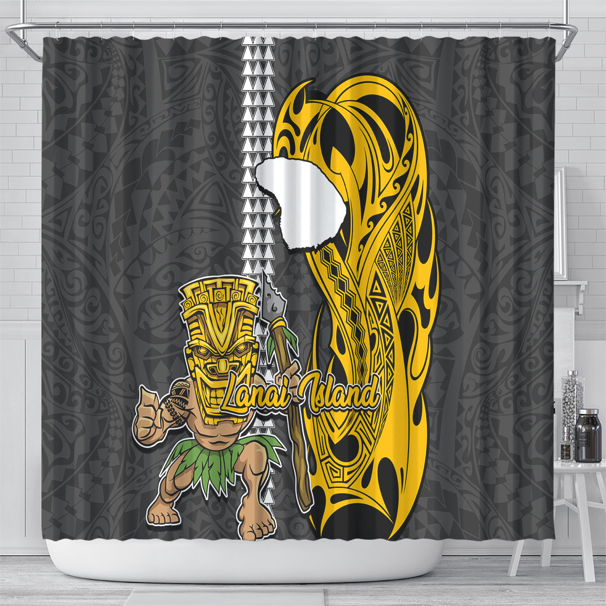 Hawaii Lanai Island Shower Curtain Hawaiian Warrior and Kakau Symbols Abstract Tattoo LT03 - Polynesian Pride