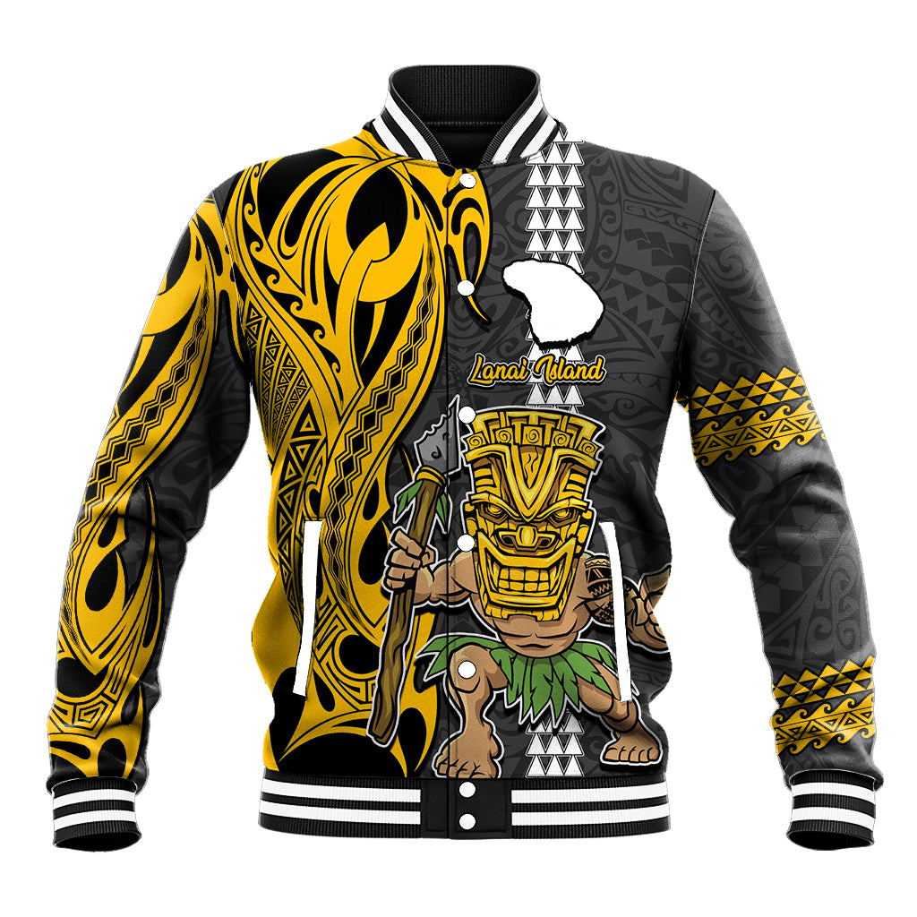 Custom Hawaii Lanai Island Baseball Jacket Hawaiian Warrior and Kakau Symbols Abstract Tattoo LT03 Unisex Yellow - Polynesian Pride