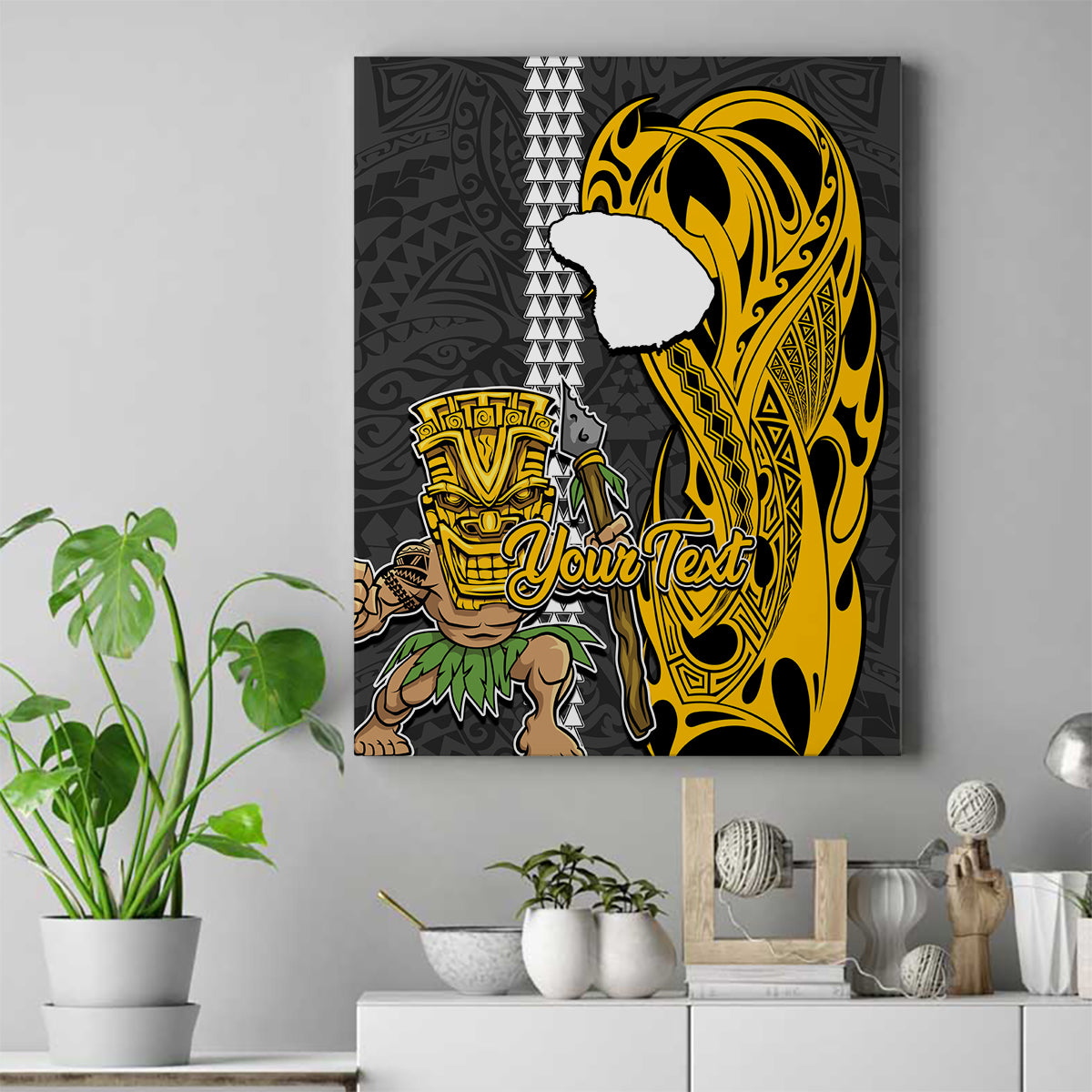 Custom Hawaii Lanai Island Canvas Wall Art Hawaiian Warrior and Kakau Symbols Abstract Tattoo LT03 Yellow - Polynesian Pride