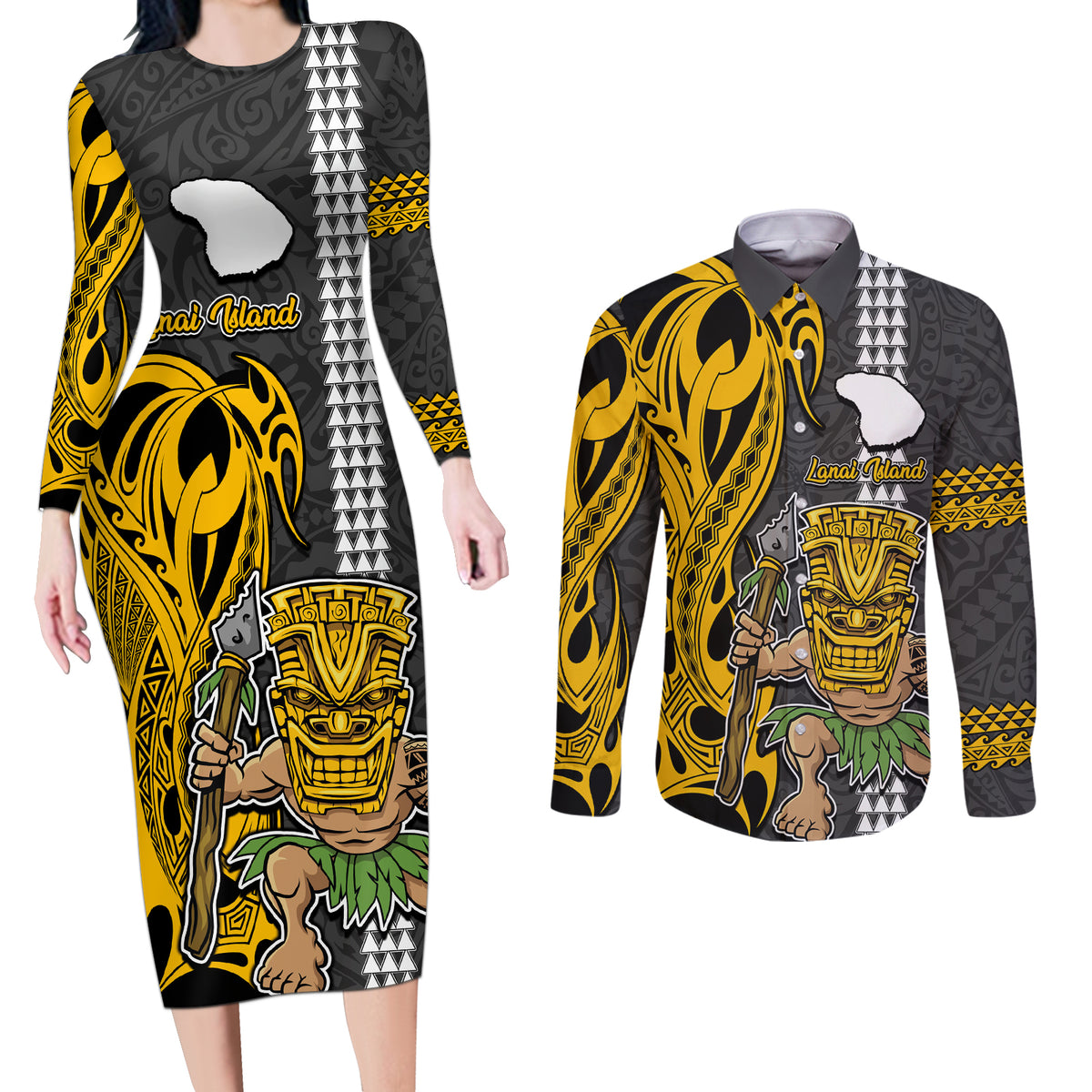 Custom Hawaii Lanai Island Couples Matching Long Sleeve Bodycon Dress and Long Sleeve Button Shirts Hawaiian Warrior and Kakau Symbols Abstract Tattoo LT03 Yellow - Polynesian Pride