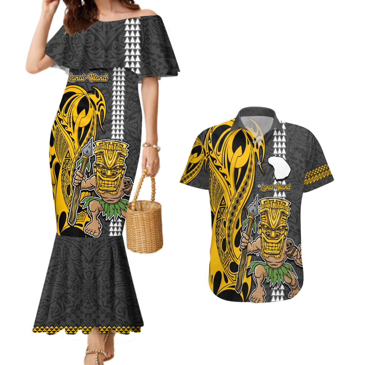 Custom Hawaii Lanai Island Couples Matching Mermaid Dress and Hawaiian Shirt Hawaiian Warrior and Kakau Symbols Abstract Tattoo LT03 Yellow - Polynesian Pride