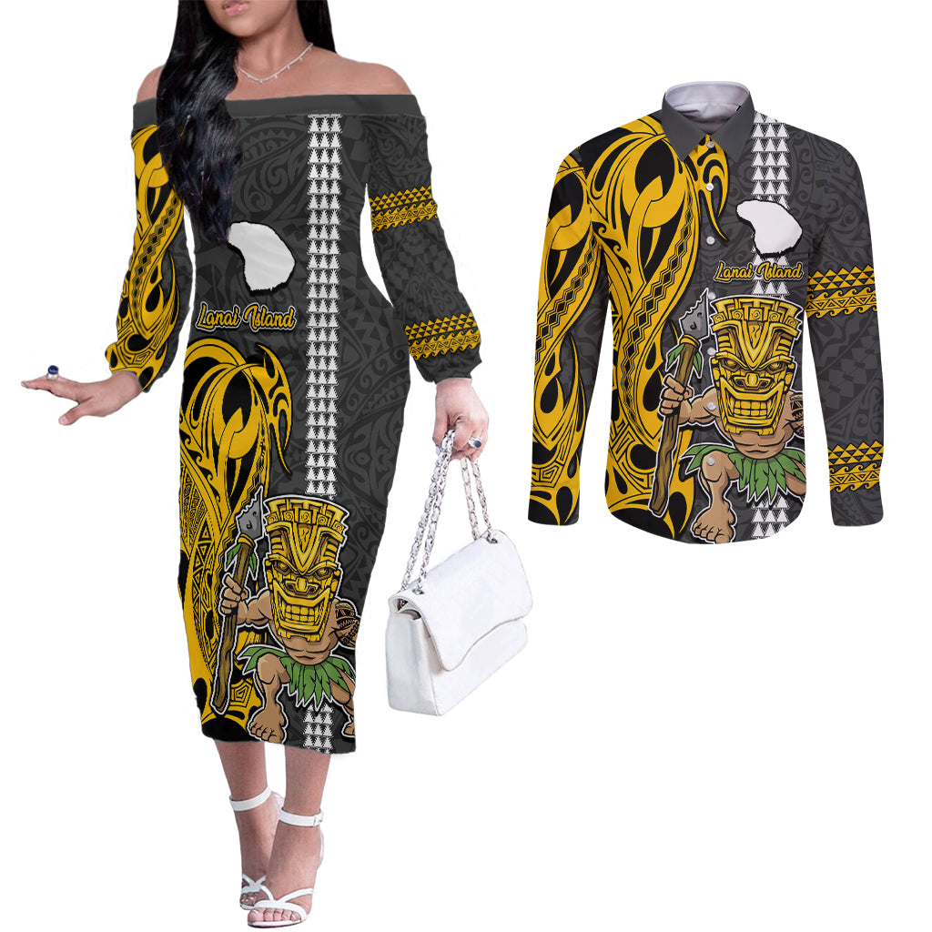 Custom Hawaii Lanai Island Couples Matching Off The Shoulder Long Sleeve Dress and Long Sleeve Button Shirts Hawaiian Warrior and Kakau Symbols Abstract Tattoo LT03 Yellow - Polynesian Pride