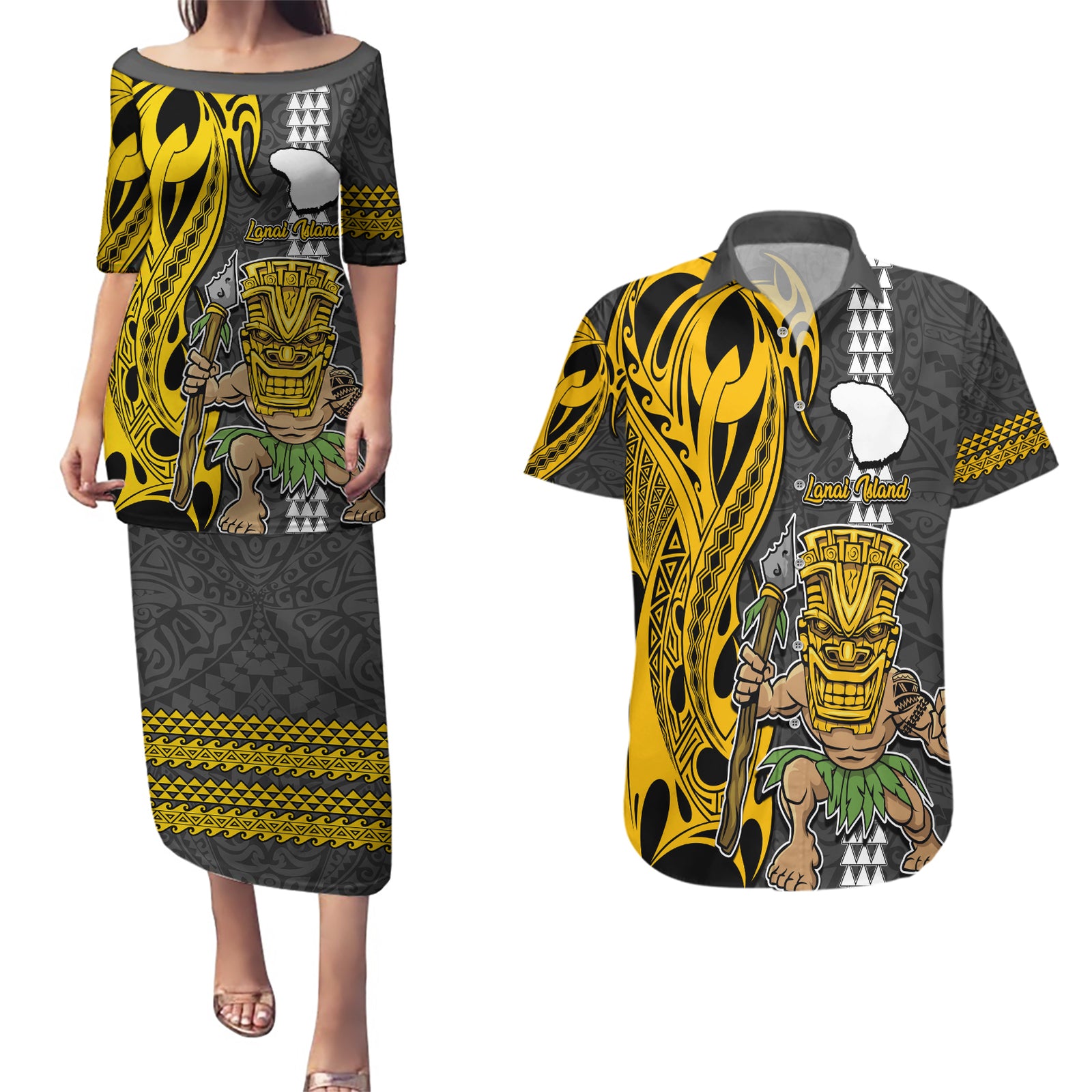 Custom Hawaii Lanai Island Couples Matching Puletasi Dress and Hawaiian Shirt Hawaiian Warrior and Kakau Symbols Abstract Tattoo LT03 Yellow - Polynesian Pride