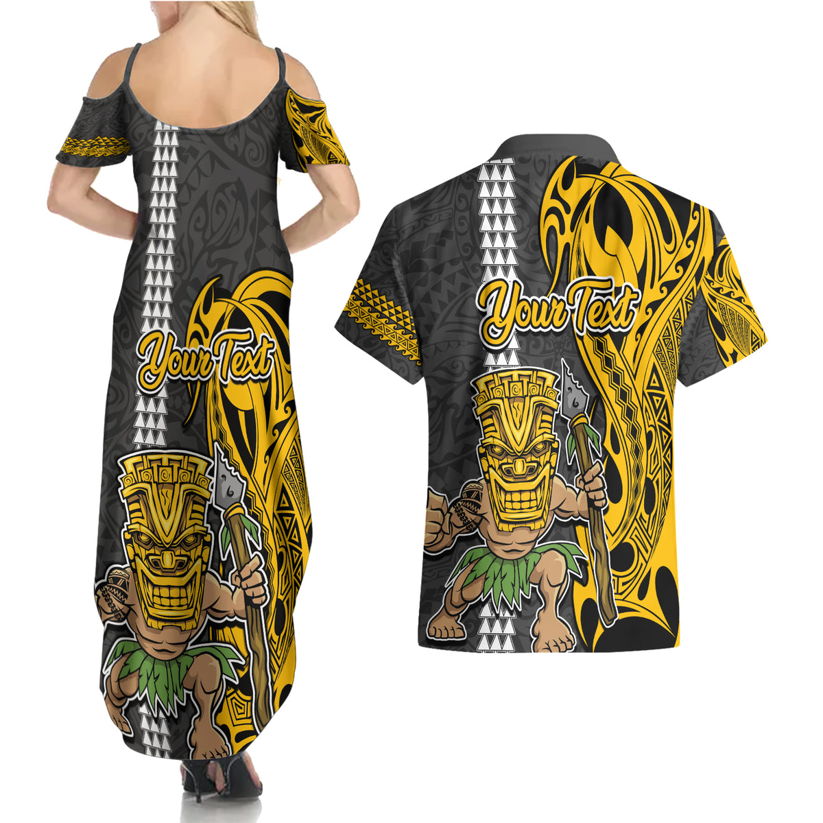 Custom Hawaii Lanai Island Couples Matching Summer Maxi Dress and Hawaiian Shirt Hawaiian Warrior and Kakau Symbols Abstract Tattoo LT03 - Polynesian Pride