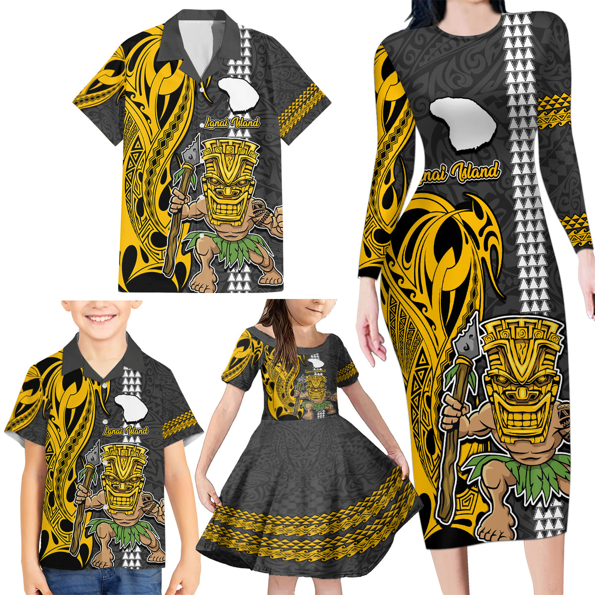 Custom Hawaii Lanai Island Family Matching Long Sleeve Bodycon Dress and Hawaiian Shirt Hawaiian Warrior and Kakau Symbols Abstract Tattoo LT03 - Polynesian Pride