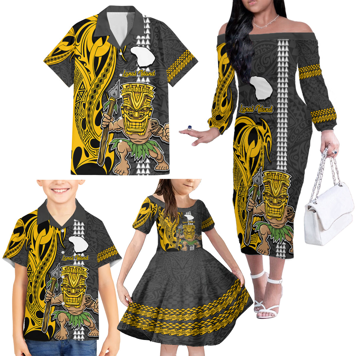 Custom Hawaii Lanai Island Family Matching Off Shoulder Long Sleeve Dress and Hawaiian Shirt Hawaiian Warrior and Kakau Symbols Abstract Tattoo LT03 - Polynesian Pride