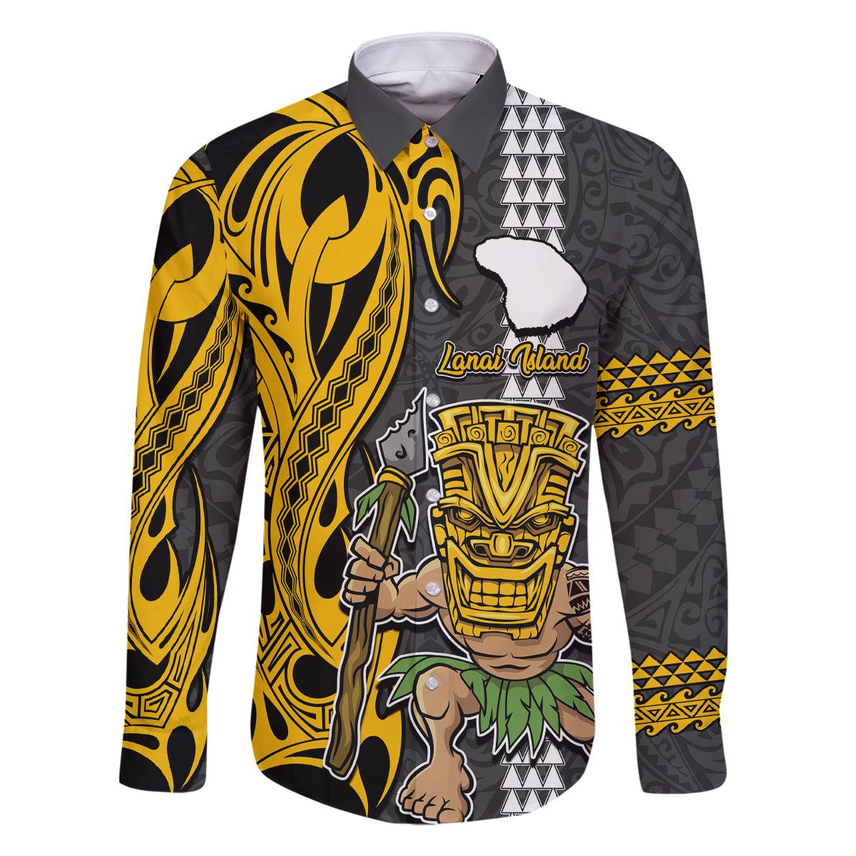Custom Hawaii Lanai Island Family Matching Off Shoulder Long Sleeve Dress and Hawaiian Shirt Hawaiian Warrior and Kakau Symbols Abstract Tattoo LT03 Dad's Shirt - Long Sleeve Yellow - Polynesian Pride