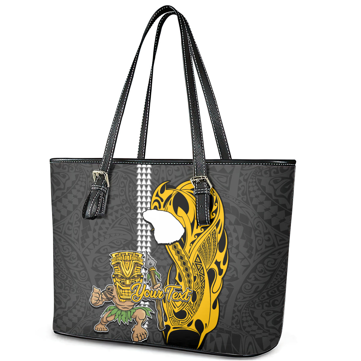 Custom Hawaii Lanai Island Leather Tote Bag Hawaiian Warrior and Kakau Symbols Abstract Tattoo LT03 - Polynesian Pride