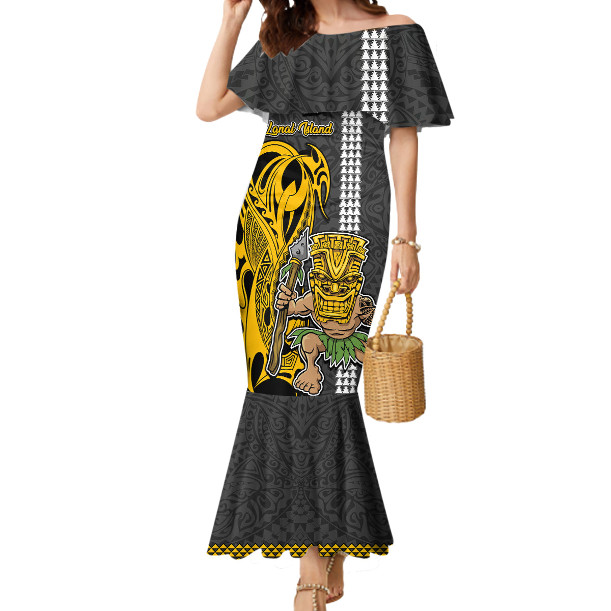 Custom Hawaii Lanai Island Mermaid Dress Hawaiian Warrior and Kakau Symbols Abstract Tattoo LT03 Women Yellow - Polynesian Pride