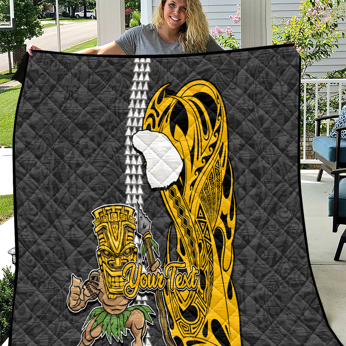 Custom Hawaii Lanai Island Quilt Hawaiian Warrior and Kakau Symbols Abstract Tattoo LT03 Yellow - Polynesian Pride