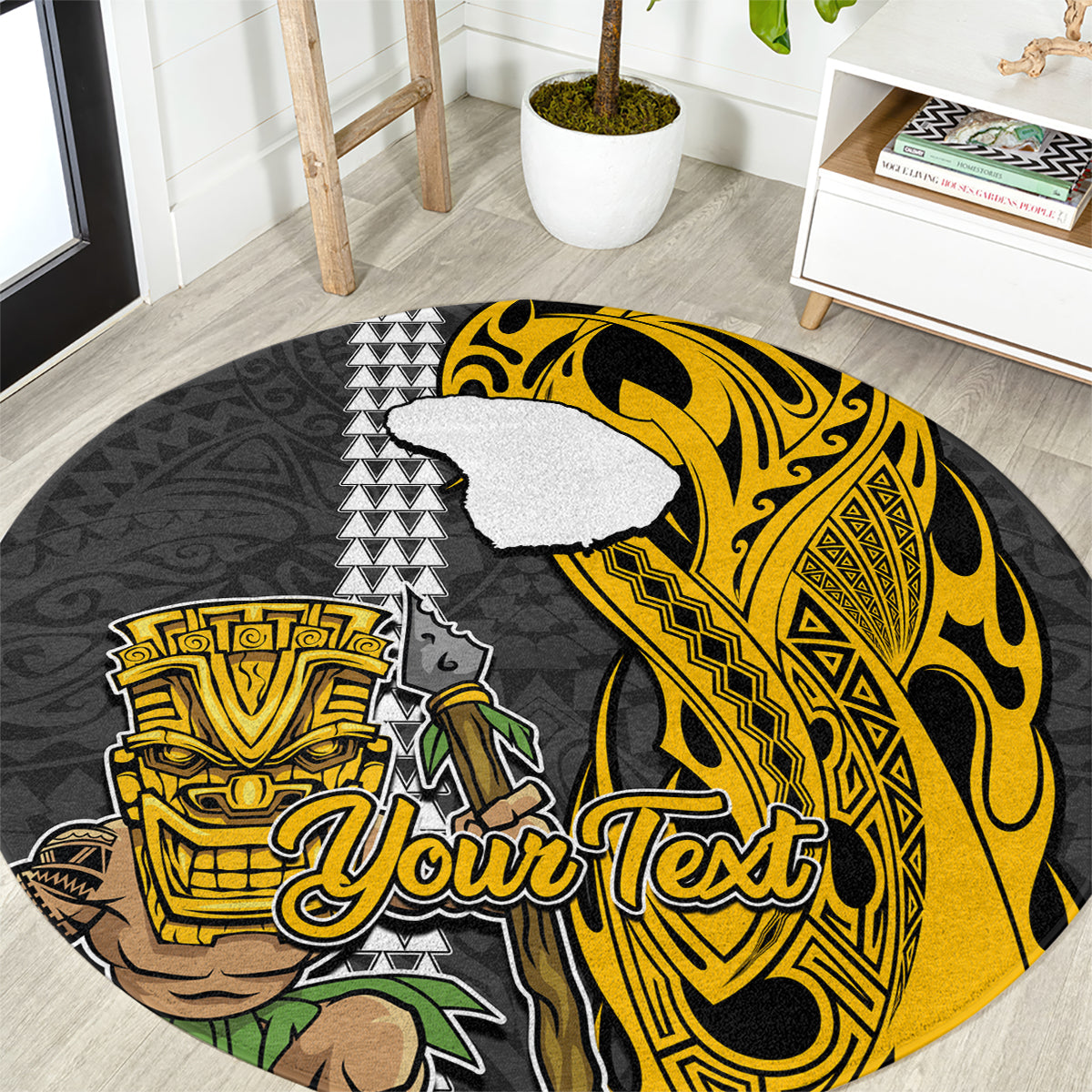 Custom Hawaii Lanai Island Round Carpet Hawaiian Warrior and Kakau Symbols Abstract Tattoo LT03 Yellow - Polynesian Pride