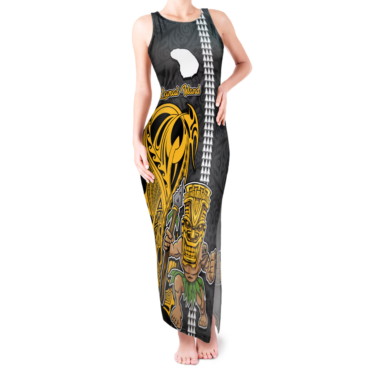 Custom Hawaii Lanai Island Tank Maxi Dress Hawaiian Warrior and Kakau Symbols Abstract Tattoo LT03 Women Yellow - Polynesian Pride