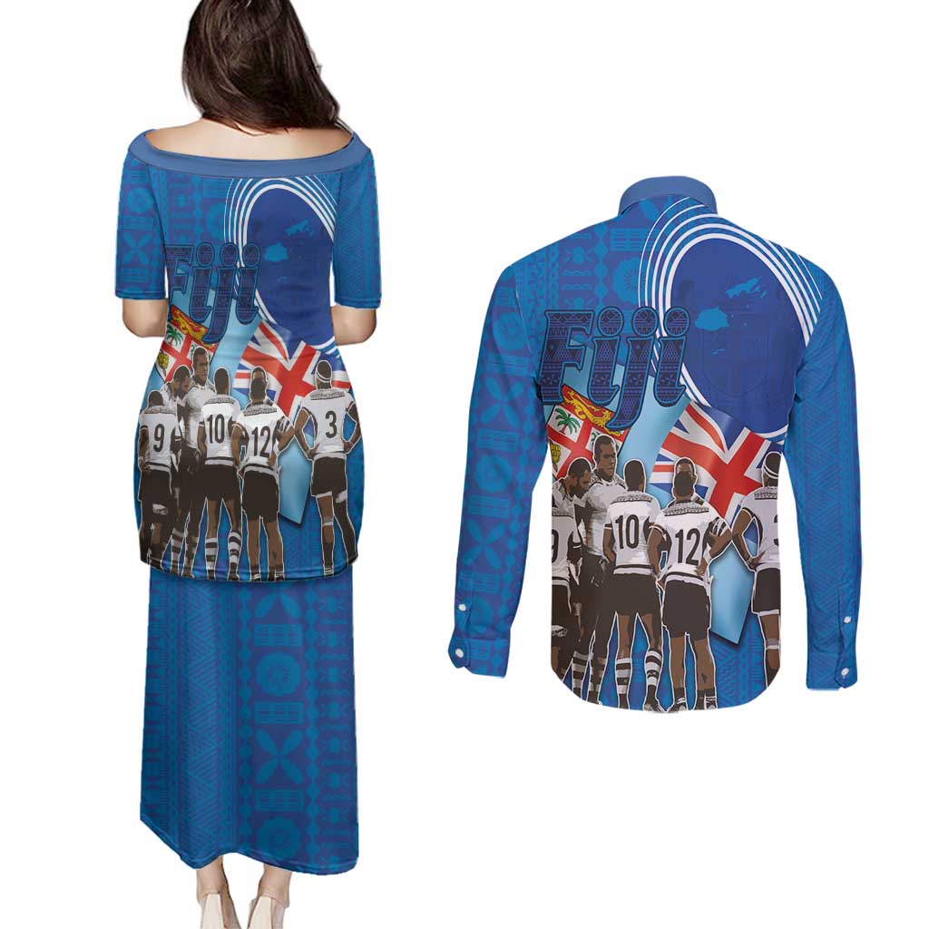 Fiji Rugby Sevens Couples Matching Puletasi and Long Sleeve Button Shirt Commemorate Gold Medal - Rio de Janeiro 2016