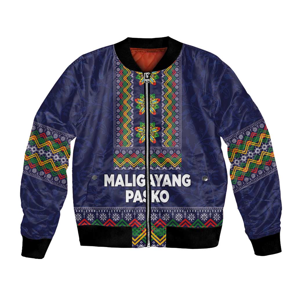 Philippines Merry Christmas Bomber Jacket Maligayang Pasko with Parol and Xmas Pattern Barong Style