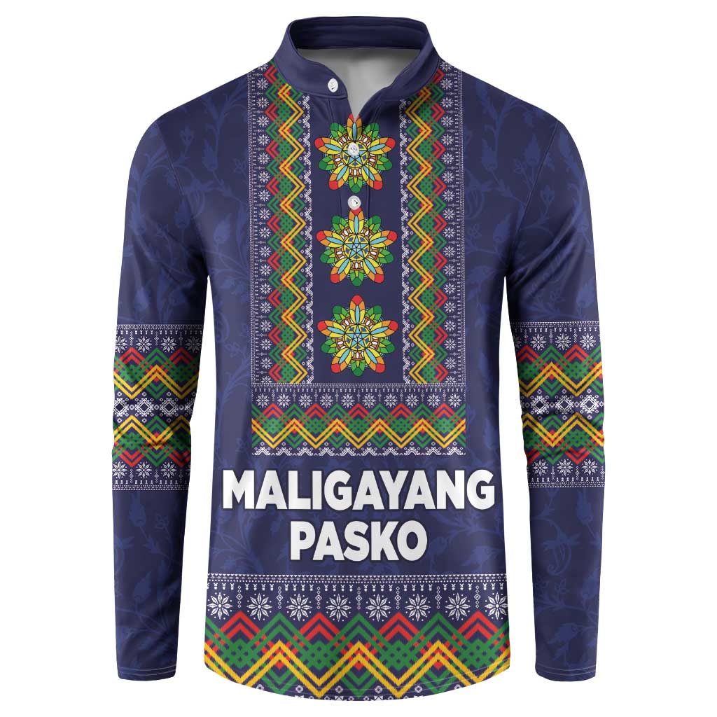 Philippines Merry Christmas Button Sweatshirt Maligayang Pasko with Parol and Xmas Pattern Barong Style