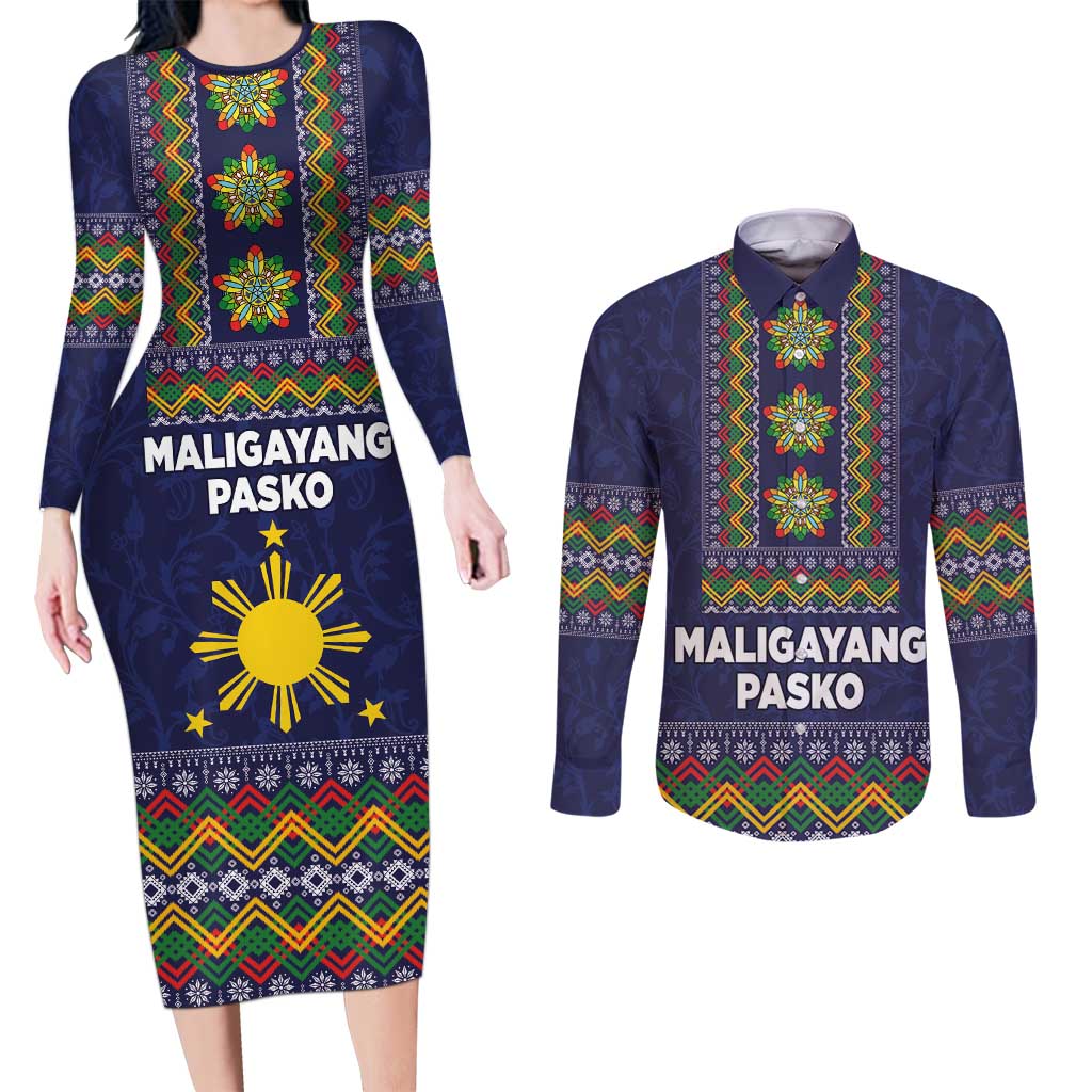 Philippines Merry Christmas Couples Matching Long Sleeve Bodycon Dress and Long Sleeve Button Shirt Maligayang Pasko with Parol and Xmas Pattern Barong Style