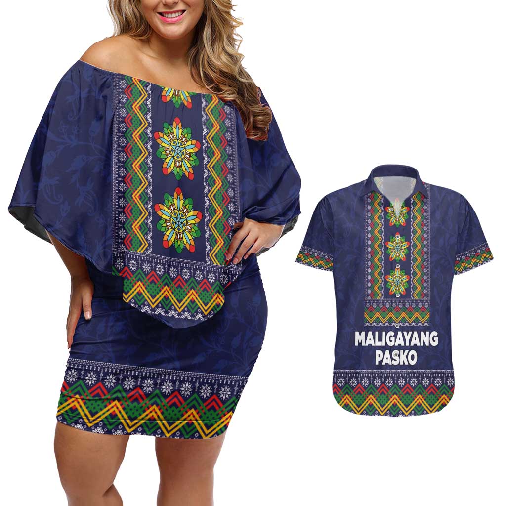 Philippines Merry Christmas Couples Matching Off Shoulder Short Dress and Hawaiian Shirt Maligayang Pasko with Parol and Xmas Pattern Barong Style