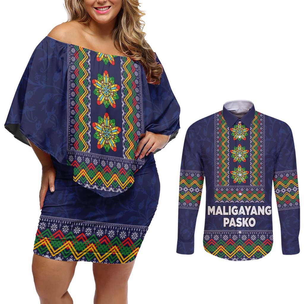 Philippines Merry Christmas Couples Matching Off Shoulder Short Dress and Long Sleeve Button Shirt Maligayang Pasko with Parol and Xmas Pattern Barong Style