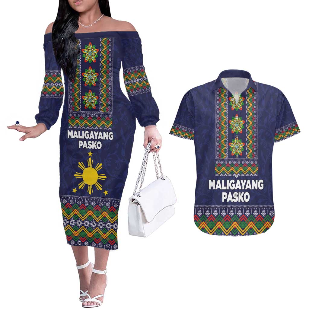 Philippines Merry Christmas Couples Matching Off The Shoulder Long Sleeve Dress and Hawaiian Shirt Maligayang Pasko with Parol and Xmas Pattern Barong Style