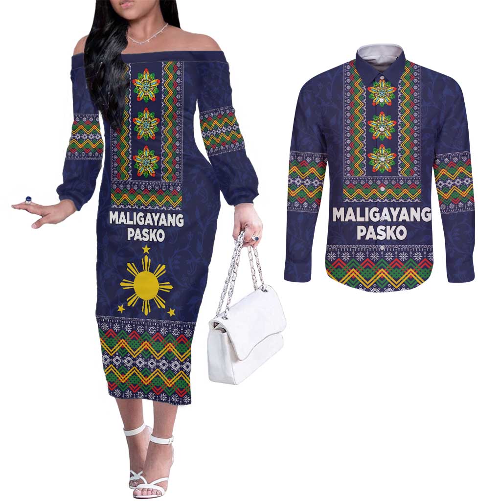 Philippines Merry Christmas Couples Matching Off The Shoulder Long Sleeve Dress and Long Sleeve Button Shirt Maligayang Pasko with Parol and Xmas Pattern Barong Style