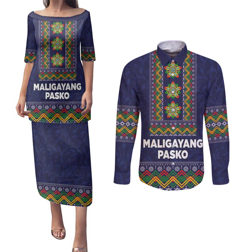 Philippines Merry Christmas Couples Matching Puletasi and Long Sleeve Button Shirt Maligayang Pasko with Parol and Xmas Pattern Barong Style