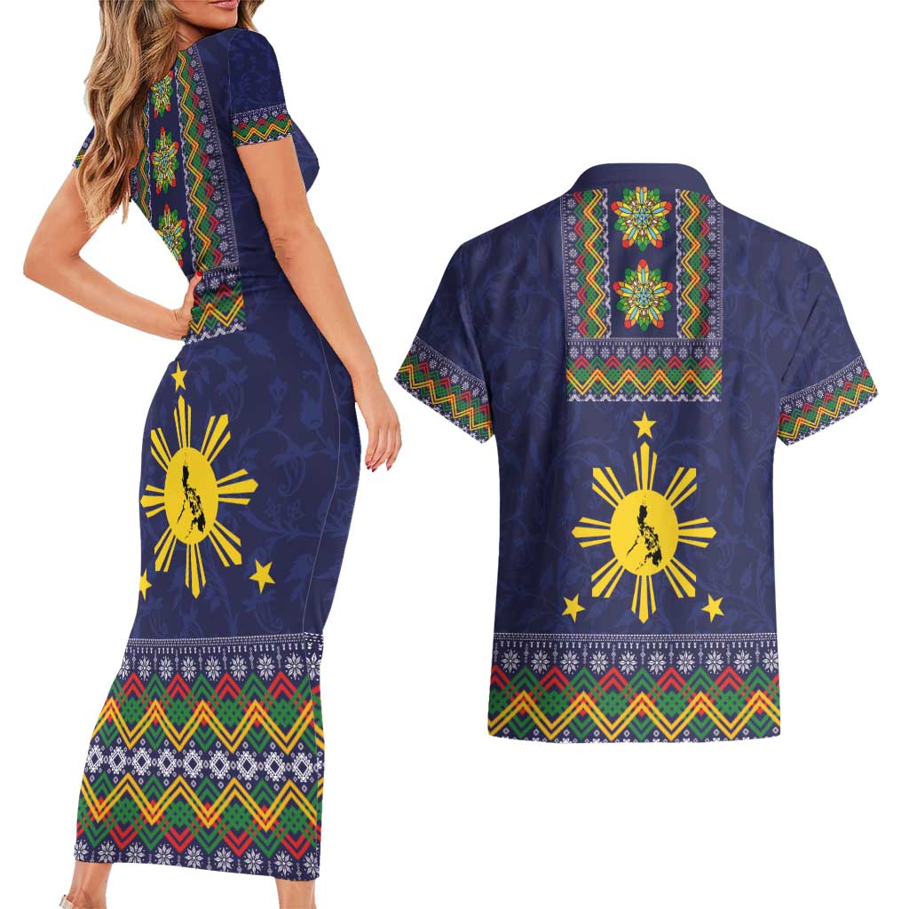 Philippines Merry Christmas Couples Matching Short Sleeve Bodycon Dress and Hawaiian Shirt Maligayang Pasko with Parol and Xmas Pattern Barong Style
