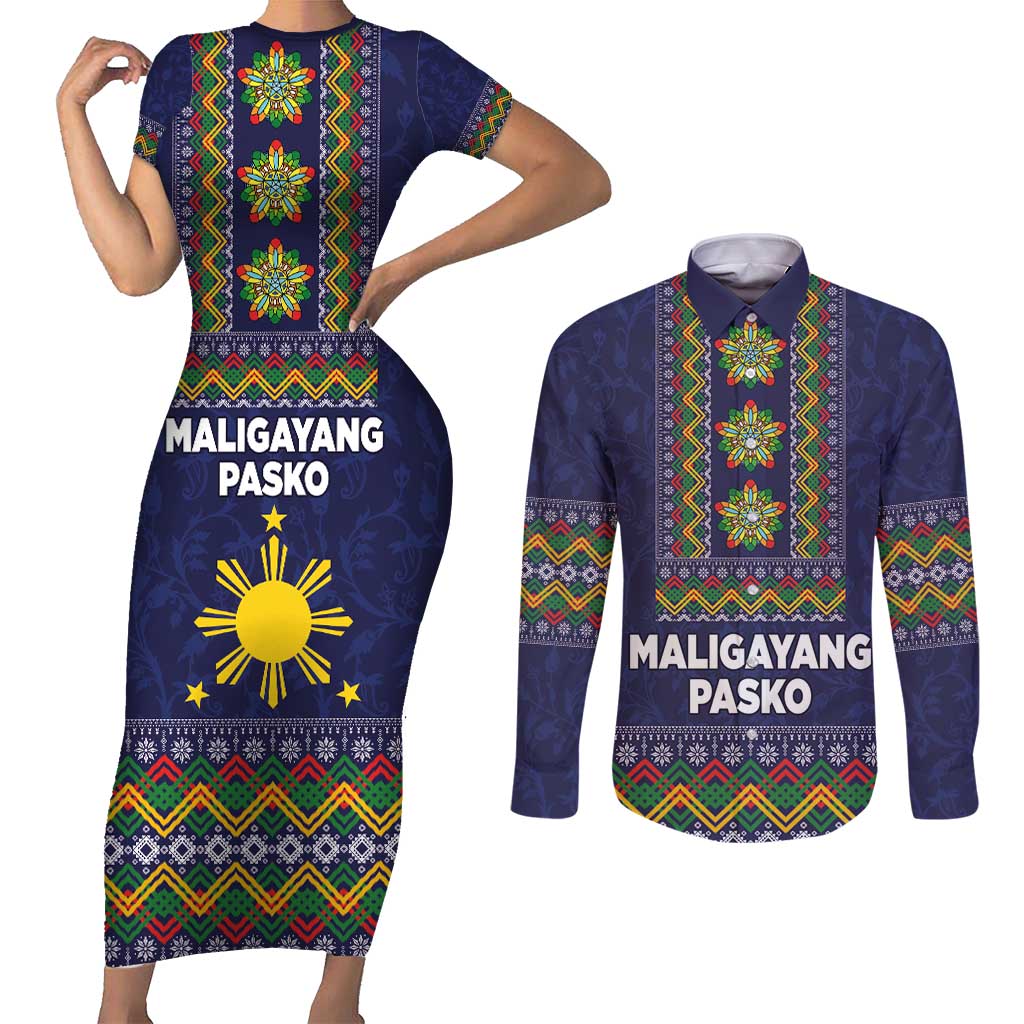 Philippines Merry Christmas Couples Matching Short Sleeve Bodycon Dress and Long Sleeve Button Shirt Maligayang Pasko with Parol and Xmas Pattern Barong Style