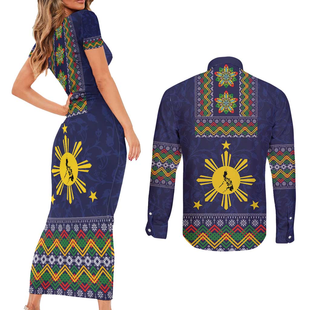 Philippines Merry Christmas Couples Matching Short Sleeve Bodycon Dress and Long Sleeve Button Shirt Maligayang Pasko with Parol and Xmas Pattern Barong Style