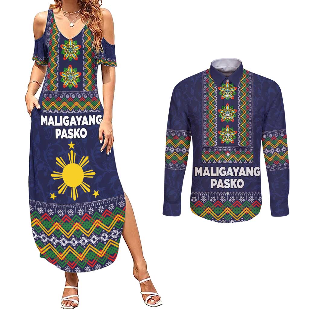 Philippines Merry Christmas Couples Matching Summer Maxi Dress and Long Sleeve Button Shirt Maligayang Pasko with Parol and Xmas Pattern Barong Style