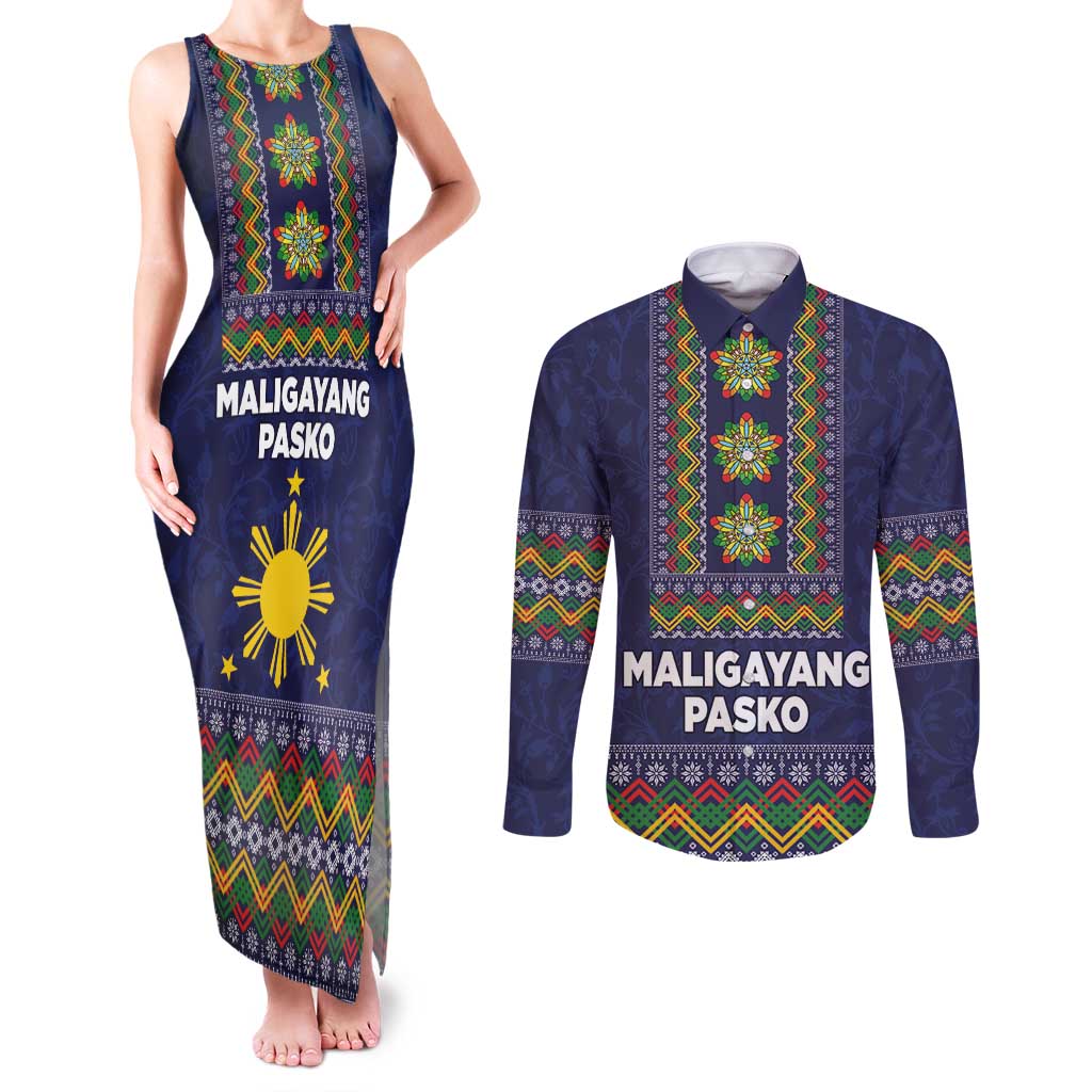 Philippines Merry Christmas Couples Matching Tank Maxi Dress and Long Sleeve Button Shirt Maligayang Pasko with Parol and Xmas Pattern Barong Style